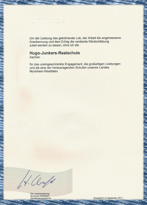 Eine große Freude machte uns die Urkunde von der Ministerpräsidentin des Landes Nordrhein-Westfalen, Hannelore Kraft Bild der Urkunde